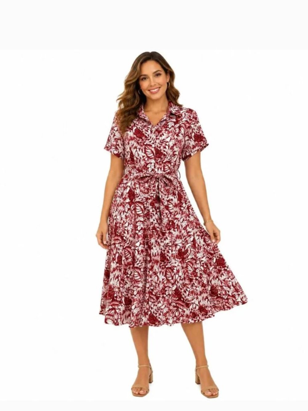 Rachel Zoe Linen Blend Tropical Short Sleeve Belted Dress